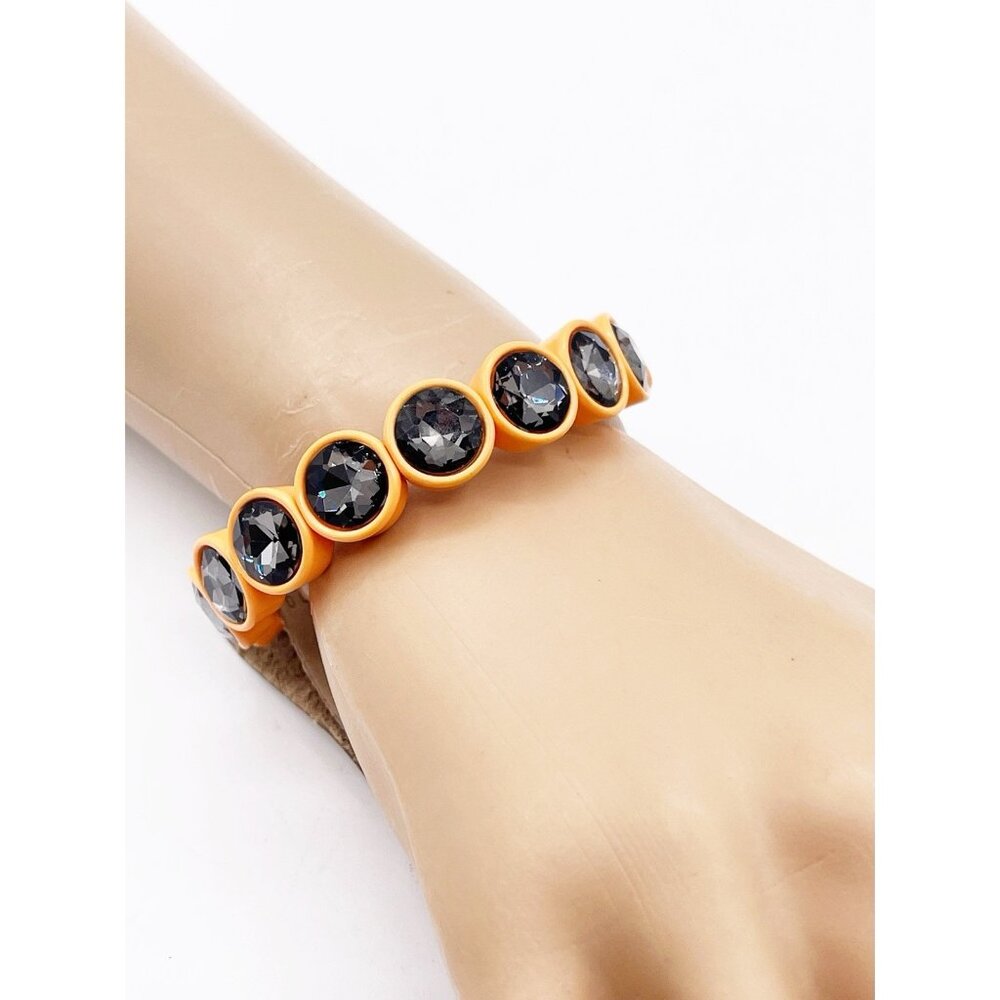 New Anthropologie Orange Enamel Stretch Bracelet Smoky Crystal Bezel Stones